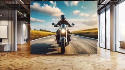 front view of a motorcycle or motorbike driving fast on road in rural landscape .ai generated Wall mural