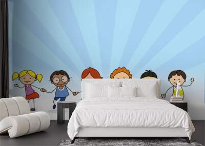 happy children holding hands, kids illustration of boys and girls  playing Wall mural