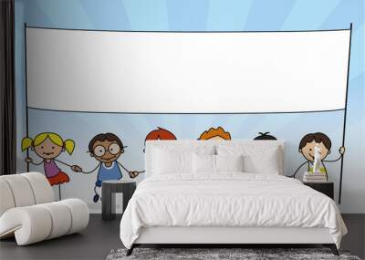 kids holding white banner with copy space - illustration Wall mural