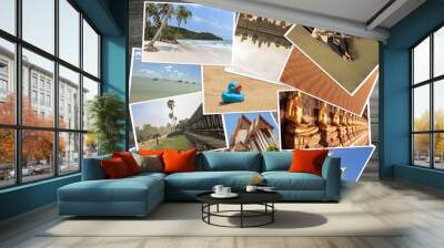 polaroid pictures of asian travel destinations on wooden background Wall mural