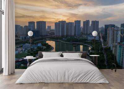 Aerial skyline view of Hanoi cityscape at sunset in Le Van Luong street Wall mural