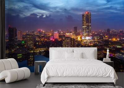 Hanoi city by twilight period, with Giang Vo lake, Ba Dinh district. Aerial skyline view. Wall mural