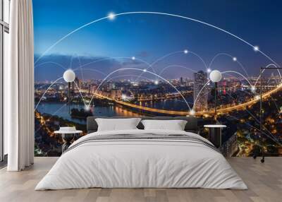 Smart city and wireless communication network concept. Digital network connection lines Wall mural