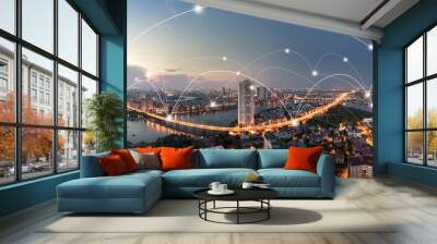 Smart city and wireless communication network concept. Digital network connection lines Wall mural