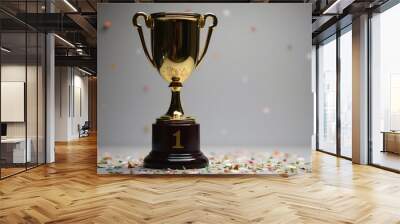 A polished first place trophy placed on a_ Wall mural