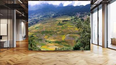 Landscape with green and yellow rice terraced fields, a town  and cloudy sky in Yunnan, South China Wall mural