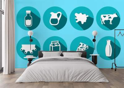 Milk icon collection, and Natural products Icons. using white on a blue background. Wall mural