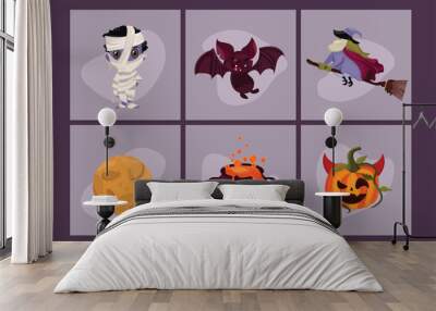 set of colorful Halloween design elements. Pumpkin, vampire, skull, cat, cute character illustration on purple background. Wall mural