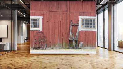 Traditional old red barn wall, a window and a sled Wall mural