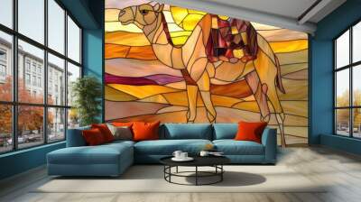 A stained glass camel standing in a desert, with dunes and a sunset painted in soft yellows and oranges Wall mural