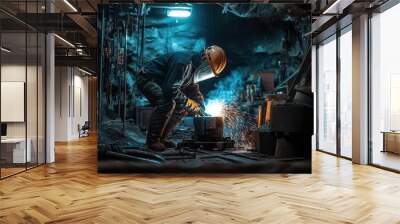 A welder in a mining equipment repair workshop, welding a massive drill bit under heavy lighting and surrounded by mining tools Wall mural