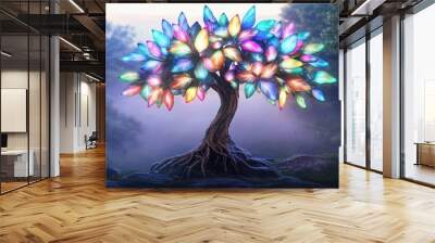 Vibrant 3D abstract floral tree with radiant multicolor leaves Wall mural