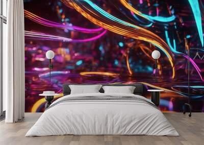 The 3D abstract neon wave is a captivating digital art piece featuring undulating waves of vibrant neon light in electric blues, pinks, purples, Wall mural