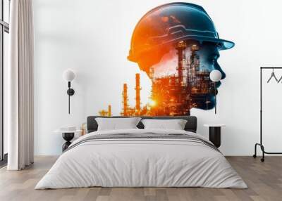 A silhouette of a worker wearing a helmet, blended with an industrial landscape, symbolizes the connection between labor and industry. Wall mural