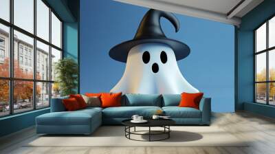 A whimsical 3D cartoon ghost donning a cute witch's hat Wall mural