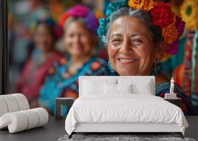 A women wearing colorful artisan Mexican clothing in front of a traditional Mexican market full of hispanic cultural and festive atmosphere. Wall mural