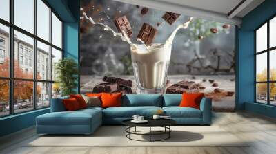 Chocolate floating into a glass of milk with the milk splashing out. Advertising concept Wall mural