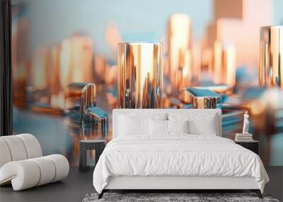 Futuristic chrome cityscape reflecting environment with metallic skyscrapers and light Wall mural