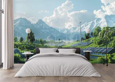 Futuristic Renewable Energy: Wind Farm & Solar Panels Wall mural