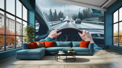 The driver point-of-view perspective from a driving car on a highway asphalt, captures the sense of motion and travel Wall mural