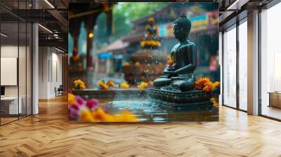 The traditional side of Songkran as locals gather to pour water over Buddha statues, symbolizing purification and blessings for the new year. Wall mural