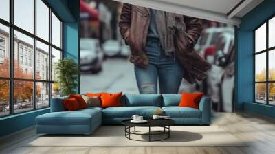 Trendy Fall Fashion in Vibrant City Street Style Wall mural