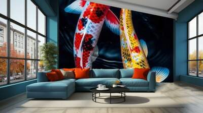 Two koi fish swimming together, their colors shining brightly against the dark blue ripples creating a peaceful atmosphere Wall mural