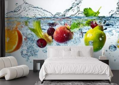 Vibrant fruits and vegetables create dynamic splashes of transparent blue water against a pristine white background, capturing a moment of freshness and movement. Wall mural