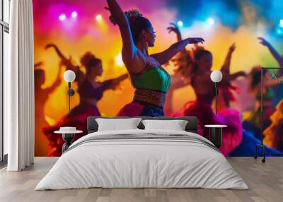 Vibrant Latin American dancers in traditional costumes and colorful lighting Wall mural