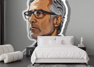 A middle-aged male architect illustration style sticker with white outline on a solid silver background without any shadow or gradient. Wall mural