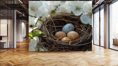 A serene image of a well-camouflaged nest with small eggs, cradled in the branches of a tree bursting with white blossoms, under the clear, bright sky of early spring. Wall mural