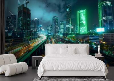 Electric Neon Green Light Show in a Modern Cityscape at Night, Vibrant Urban Life Wall mural