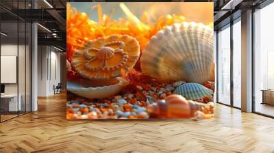 Summer seashell scene with vibrant orange sand dollars and yellow shells in a sunny setting, ample copy space for text Wall mural