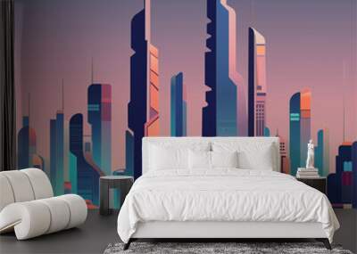 abstract future city skyline, retro illustration, flat vector illustration Wall mural