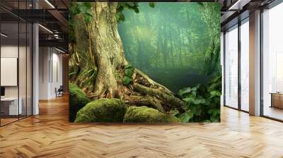 Landscape with weird old tree, roots, mossy rocks, blue haze in mysterious fairytale forest Wall mural