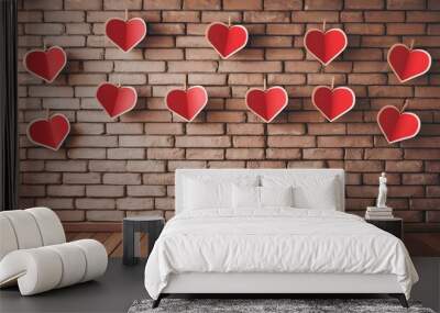 Brick wall with Valentine's Day hearts, wooden floor, soft lighting Wall mural