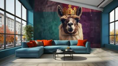 Cute Llama with a Crown on an Abstract Colorful Background Wall mural