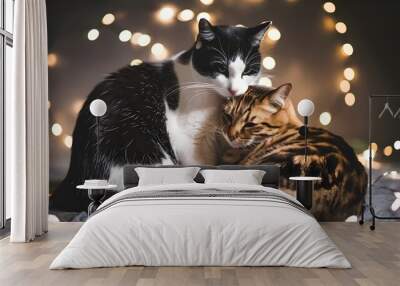 Two cats snuggling with bokeh lights and dark background Wall mural