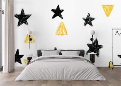 Abstract seamless scandinavian pattern with black stars and yellow triangles Wall mural