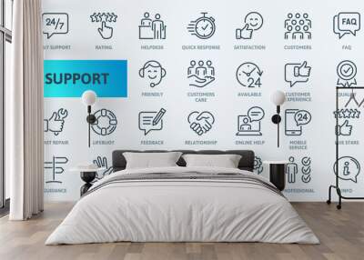 Customer Service and Support - Outline Icon Collection. Thin Line Set contains such Icons as Online Help, Helpdesk, Quick Response, Feedback and more. Simple web icons set. Wall mural