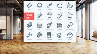 Meat, poultry, fish and eggs - minimal thin line web icon set. Outline icons collection.Simple vector illustration. Wall mural