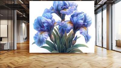 Blue Iris Flower in Lush Green Garden - Realistic 8k HD Photography with Soft Light and Shadow on White Background Wall mural