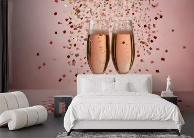 Champagne Cheers: Two glasses of sparkling champagne stand side by side, surrounded by a flurry of festive confetti. The pink background adds a touch of elegance and celebration. Wall mural