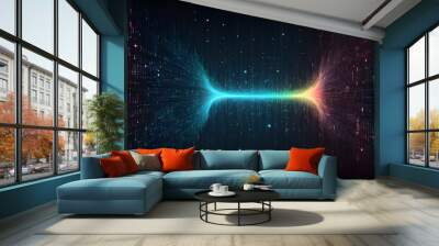 Digital Convergence: Abstract representation of data streams converging, vibrant colors and glowing particles in a cosmic digital landscape.   Wall mural