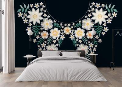 Embroidery floral neckline pattern. Beautiful white flowers. Elegant design for collars of fashion blouses and t-shirts. Wall mural