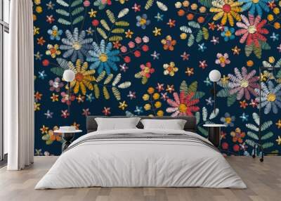 Embroidery seamless pattern with floral motifs. Colorful flowers, leaves and berries on dark blue background. Wall mural