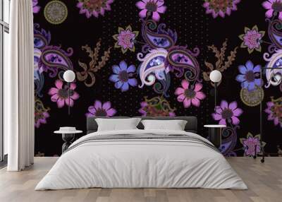 Seamless ethnic pattern with fabulous flowers, paisley and polka dot on black background. Vintage russian, persian, indian motifs. Wall mural