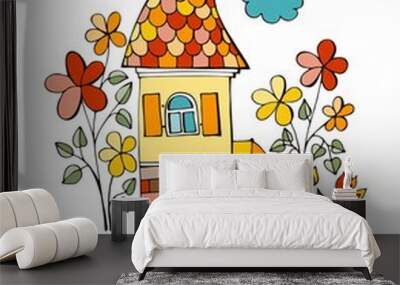 Summer day in fairy village. Colorful drawing of cute house and road to it surrounded by flowers. Wall mural