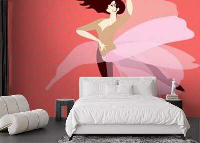 Young Spanish ballerina with flowing hair, dressed in pink tutu, dances against red background in golden polka dots. Flamenco night (Spanish text). Concert poster, invitation card in art deco style. Wall mural