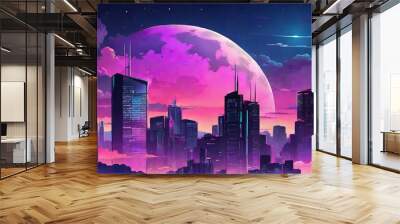 Illuminated Anime Cityscape: Nighttime Radiance in Neo-Crisp Illustration.  Wall mural